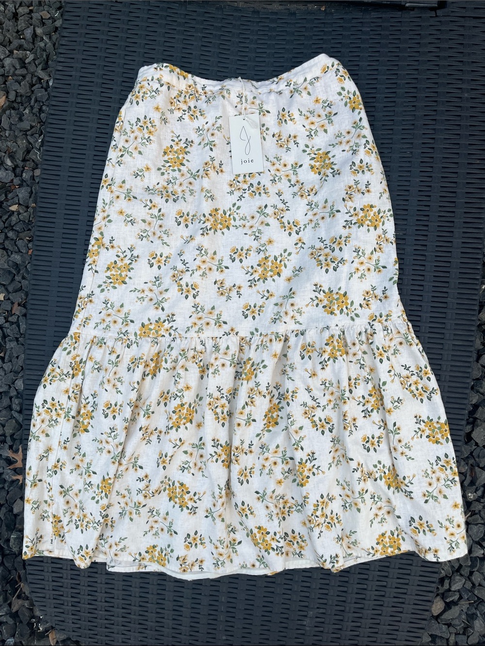 Joie White Floral Tiered Midi Skirt with Mustard Accents